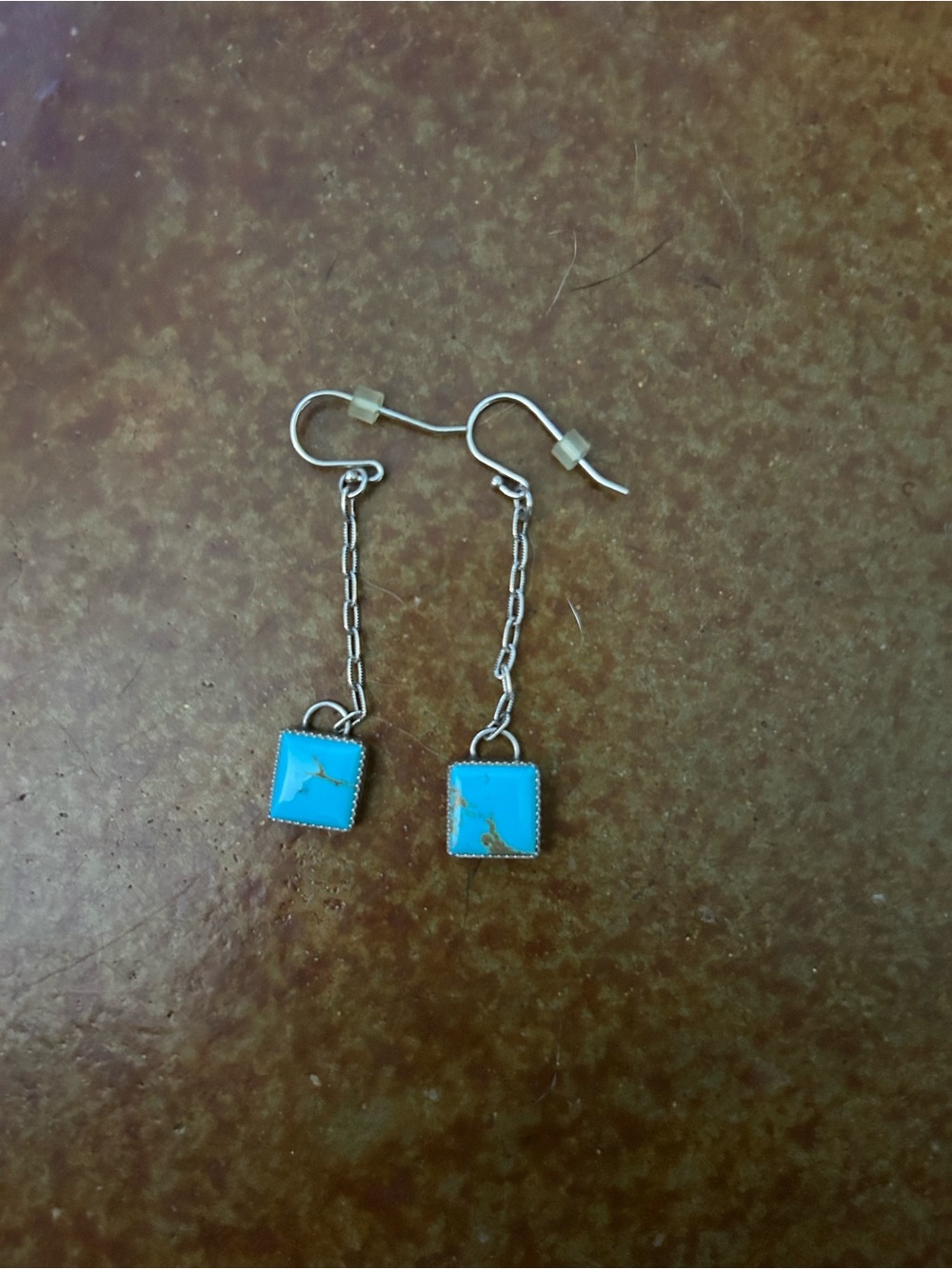 Silver Chain Drop Earrings with Turquoise Square Stones